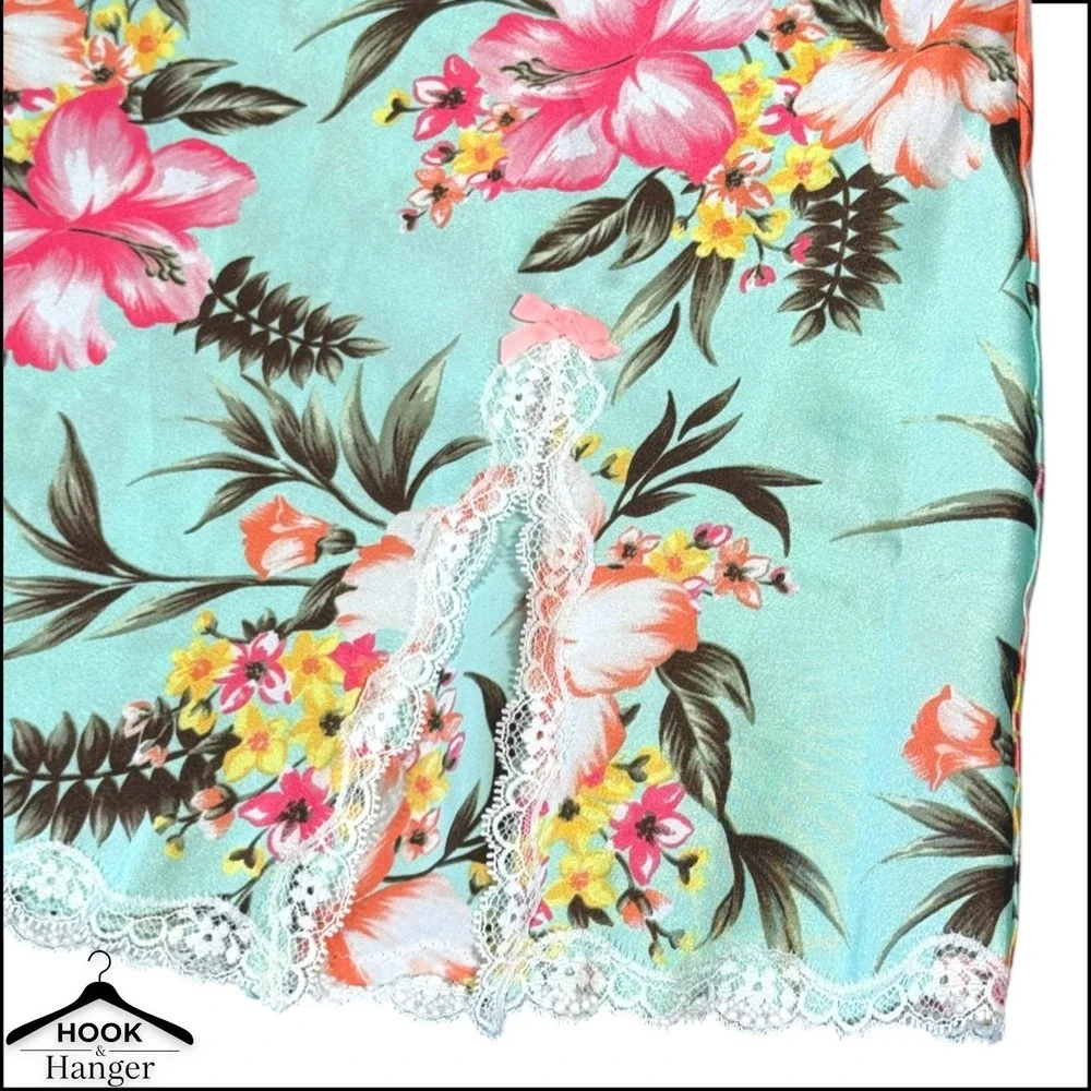 Victoria's Secret Y2K Satin Tropical Chemise Nightie S Blue Pink Hibiscus Lace - Picture 4 of 10
